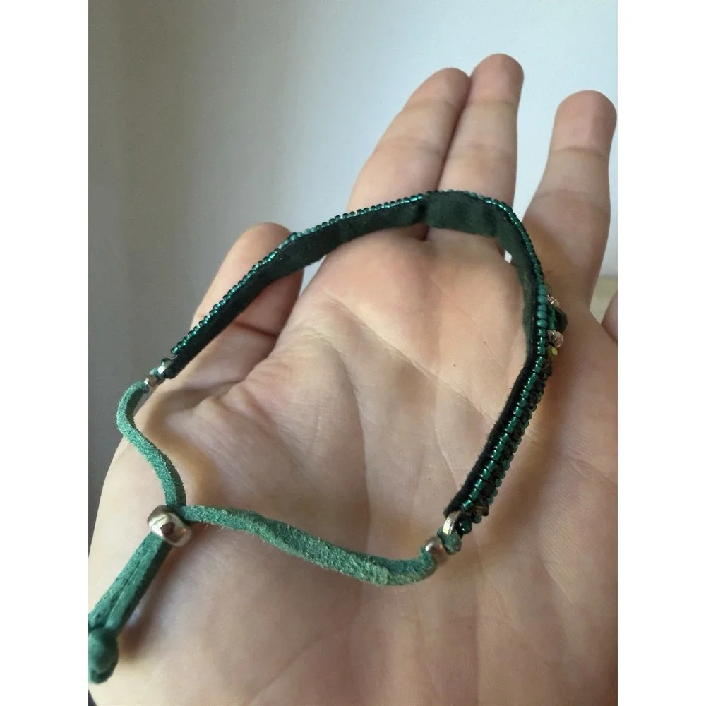 Emerald Green Beaded Bracelet Teal Crystal Adjustable Suede Cord Boho Bracelet
